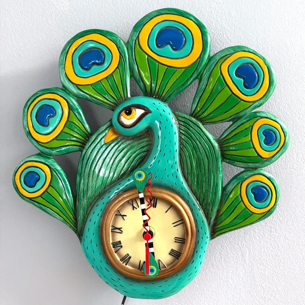 Allen Designs Peacock Pendulum Wall Clock Whimsical Teal Resin Bird Timepiece